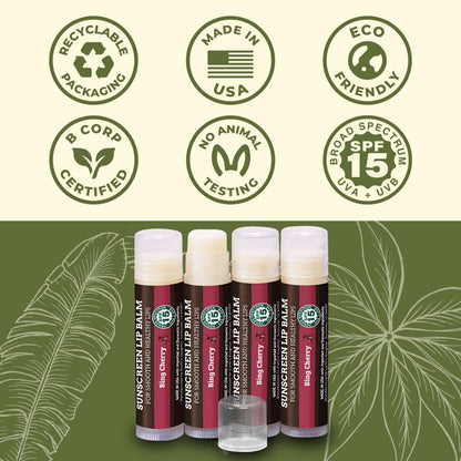 Earth's Daughter SPF Lip Balm Cherry Flavor 4-Pack - Lip Sunscreen, SPF 15, Organic Ingredients, Beeswax, Coconut Oil, Vitamin E - Hypoallergenic, Paraben Free, Gluten Free