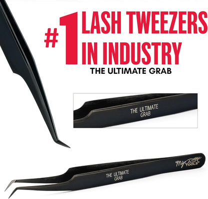 45 Degree Volume Fiber Tip Lash Tweezer – The Ultimate Grab, Professional Eyelash Extension Tweezers, Precision Fan Making, Plain Grip (Black)