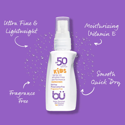 BU SPF 50 Fragrance Free Kids Sunscreen Spray for Face and Body, TSA Travel Size Sunscreen, Clear Non Aeorsol Spray, Non Greasy, Water Resistant and Oil Free, 1 oz (4-pack)