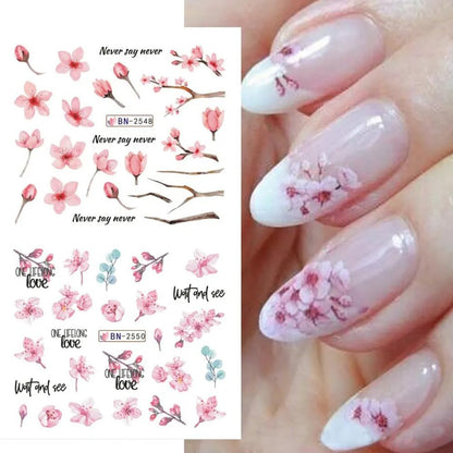 Cherry Blossom Nail Art Stickers - Pink Sakura Water Transfer Foils Decals, Spring Flower Supplies Wrap, Holographic Floral Pattern Acrylic Stickers for Women - 12 Sheets