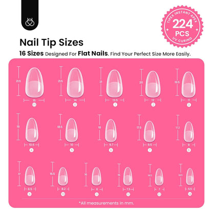Beetles Tipex Instant Apex Nail Tips Kit, Oval Short 224Pcs 16 Sizes Pre-Building & Pre-Etched Thicker Acrylic Nails False Nail Extension with Tipex Uv Nail Glue Mini Nail Lamp
