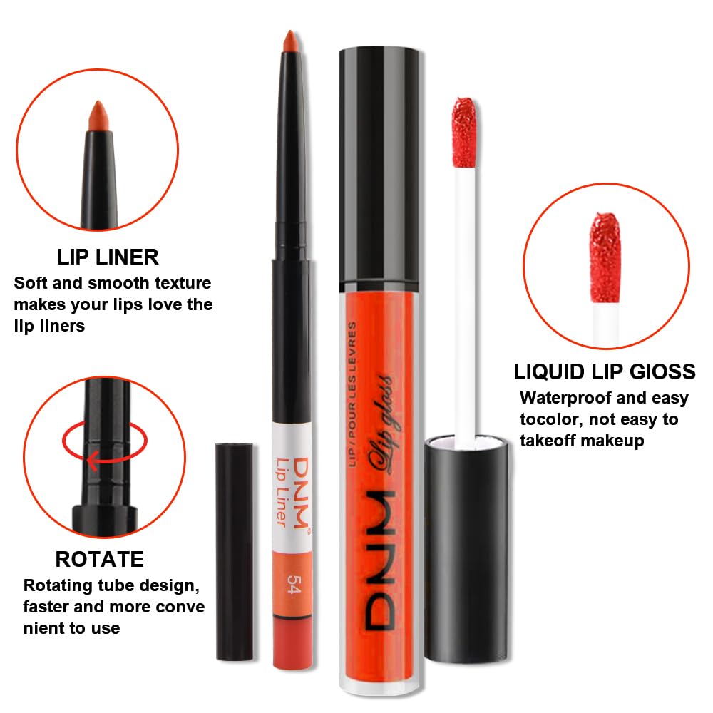evpct 2Pcs Orange Light Fire Red Matte Liquid Lipstick Lip Gloss Stain and Retractable Lip Liner Makeup Set for Women Long Lasting Waterproof 24 Hours Lipstick labial mate larga duracion 24 54#