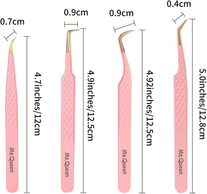 Ms.Queen Lash Tweezers Set,Professional 4Pcs 45 90 Degree Curved and Isolation Lash Tweezers for Eyelash Extensions