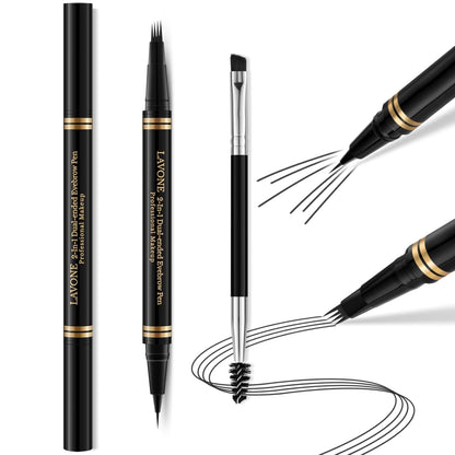 Makeup Kit with 4 Tip Waterproof Microblading Eyebrow Pencil, Eyeliner, Pomade and Dual-ended Eyebrow Brush - Black