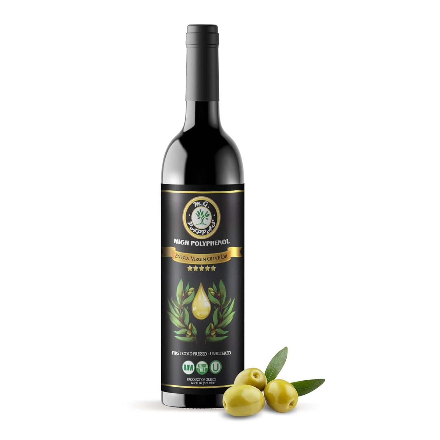 M.G. Pappas Extra Virgin Olive Oil, High Polyphenol EVOO - Cold Pressed & Unfiltered Greek Olive Oil - Over 500mg/kg Polyphenols with High Hydroxytyrosol - Award-Winning Organic Quality - 12.7oz (375ml) Bottle