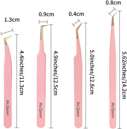 Ms.Queen Eyelash Extension Tweezers,4Pcs Fiber Tip Lash Tweezers for Volume Lashes Make Fans,45 90 Degree Boot Isolation Lash Tweezers Set