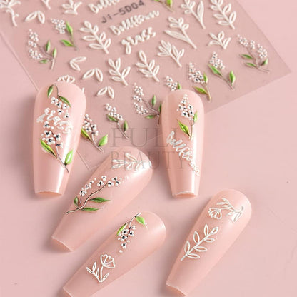 5D Nail Art Stickers 4 Sheets Pink Flowers Geometric Lines Decor Acrylic Embossed Sliders Gold Strips Decals Charms Cherry Blossom Manicure Accessories