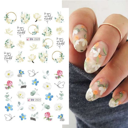 Flower Nail Art Stickers Decals Water Transfer Foils for Nails Art Supplies Spring Summer Tulips Butterfly Floral Design Acrylic Nail Stickers DIY Manicure Nail Decoration for Women 12 Sheets