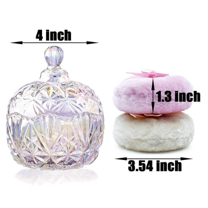 Luxury 4 Inch Glass Loose Powder Container with 2 Soft 3.5" Puffs｜Non-Sealed Refillable Organizer Storage for Body Powder Makeup & Jewelry & Setting Applicator(Crown-Dazzling Color)