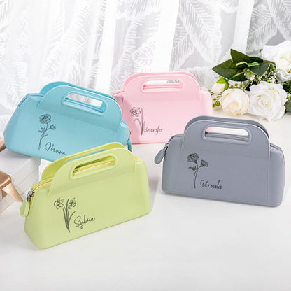 Custom Small Travel Makeup Bag Silicone Waterproof Personalized Birth Flower Name Makeup Brush Case Portable Zipper Cosmetic Bag Gifts For Mom Daughter 4 Colors Size 7.28×4.96INCH