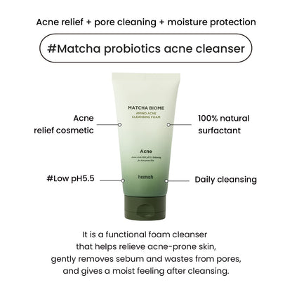 HEIMISH Matcha Biome Amino Acne Cleansing Foam - Deep Cleansing, Hydrating, Calming Facial Cleanser, Gentle Daily Face Wash with Amino Acids, Probiotics, for Oily & Acne-prone Skin, 5.3oz/150g