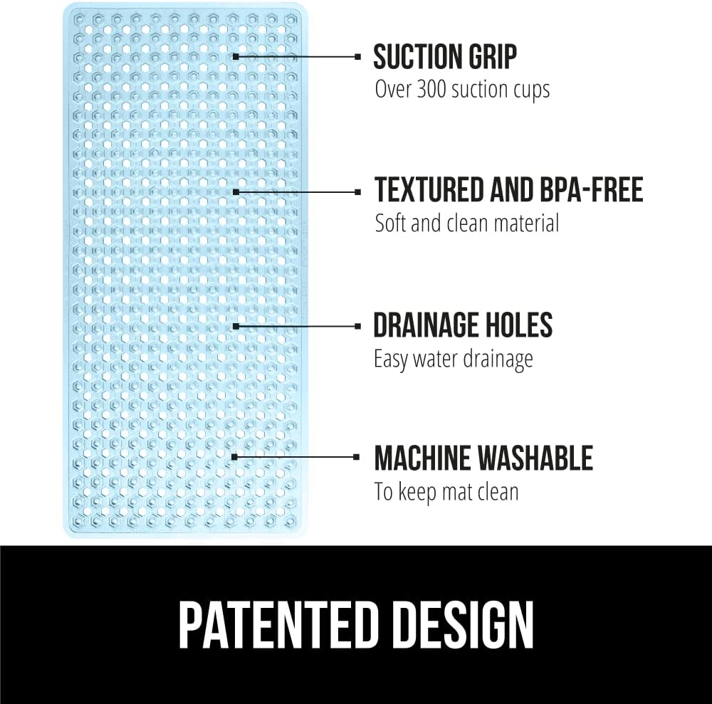 GORILLA GRIP Patented Bath Tub Shower Mat, Machine Washable Bathtub Floor Liner Mats, Suction Cups and Drain Holes to Keep Tubs Clean, Soft on Feet, Bathroom Essentials, 35x16 Inch, Clear Blue