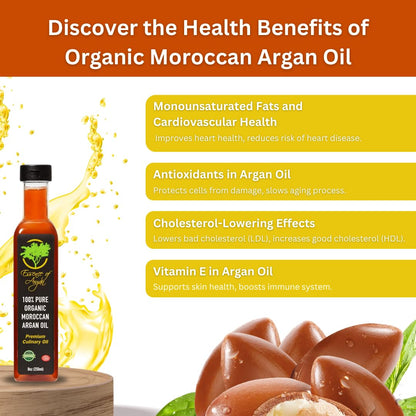 Essence of Argan Organic Moroccan Argan Oil for Cooking 8 Ounces - USDA Approved, Eco-Certified Organic Argan Oil with Rich Nutrients - Premium Culinary Oil & Keto Dressing with Toasted Nutty Flavor