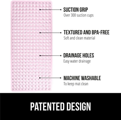 GORILLA GRIP Patented Bath Tub Shower Mat, Machine Washable Bathtub Floor Liner Mats, Suction Cups and Drain Holes to Keep Tubs Clean, Soft on Feet, Bathroom Essentials, 35x16 Inch, Clear Light Pink