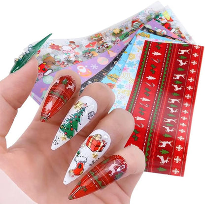 Christmas Nail Stickers Decals Nail Foil Transfer Sticker 10 Sheets Christmas Santa Tree Snowflake Deer Xmas Holiday Decorations Stickers for Manicure Supplies