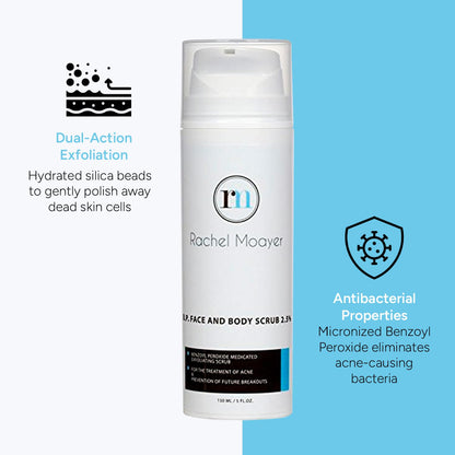 Rachel Moayer Skincare Acne Face & Body Scrub with 2.5% Micronized Benzoyl Peroxide, Facial Exfoliating Scrub for Acne Care, No Prescription Needed