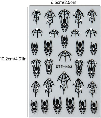 3 Sheets Halloween Nail Art Stickers Black Spider Nail Stickers for Nail Art 3D Self-Adhesive Black Spider Web with Diamond Design Halloween Nail Charms Goth Decorations for Women DIY