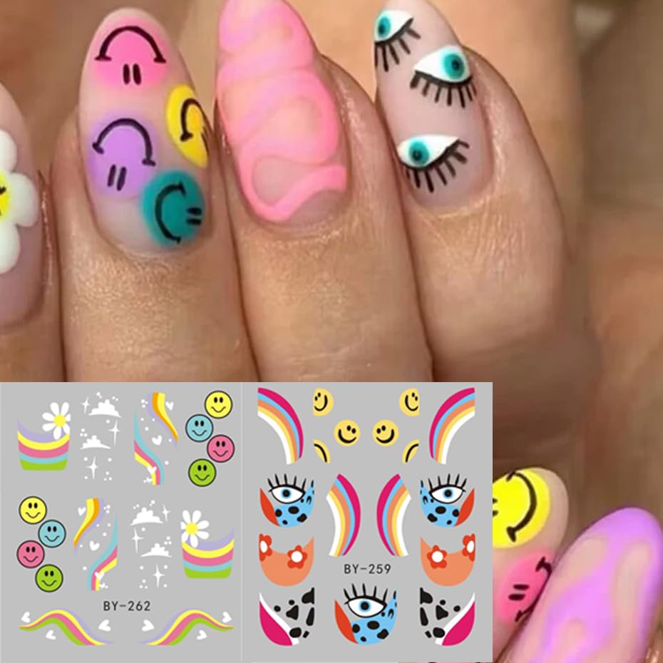 Abstract French Tips Nail Art Stickers Decals Colorful Sun Flower Smiling Nail Foils Sticker Water Transfer Nail Decals Rainbow Design Acrylic Nail Sticker for Nail Art Women Nail Decoration 12Pcs