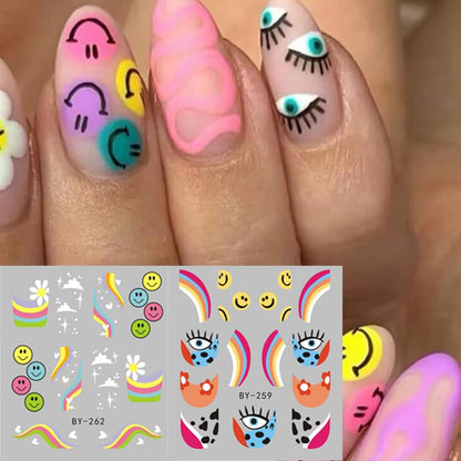 Abstract French Tips Nail Art Stickers Decals Colorful Sun Flower Smiling Nail Foils Sticker Water Transfer Nail Decals Rainbow Design Acrylic Nail Sticker for Nail Art Women Nail Decoration 12Pcs