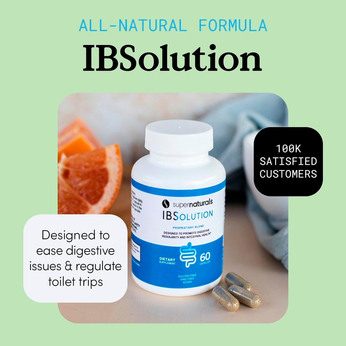 SuperNaturals IBSolution - Made in USA, Non-GMO, Gluten Free & Vegan (60 Capsules) - for Symptoms of IBS (Bloating, Constipation, Gas, Diarrhea, Abdominal Pain)