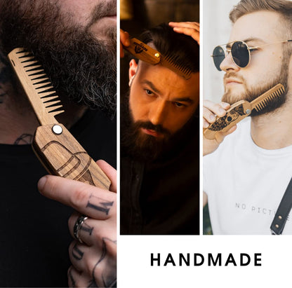 Beard Comb for Men Pocket Folding Combs for Mustache & Hair Travel Natural Wooden Comb with Real Man Engraving - Perfect for Use w/Beard Balm Oil (Wavy Half Skull) (Model RM)
