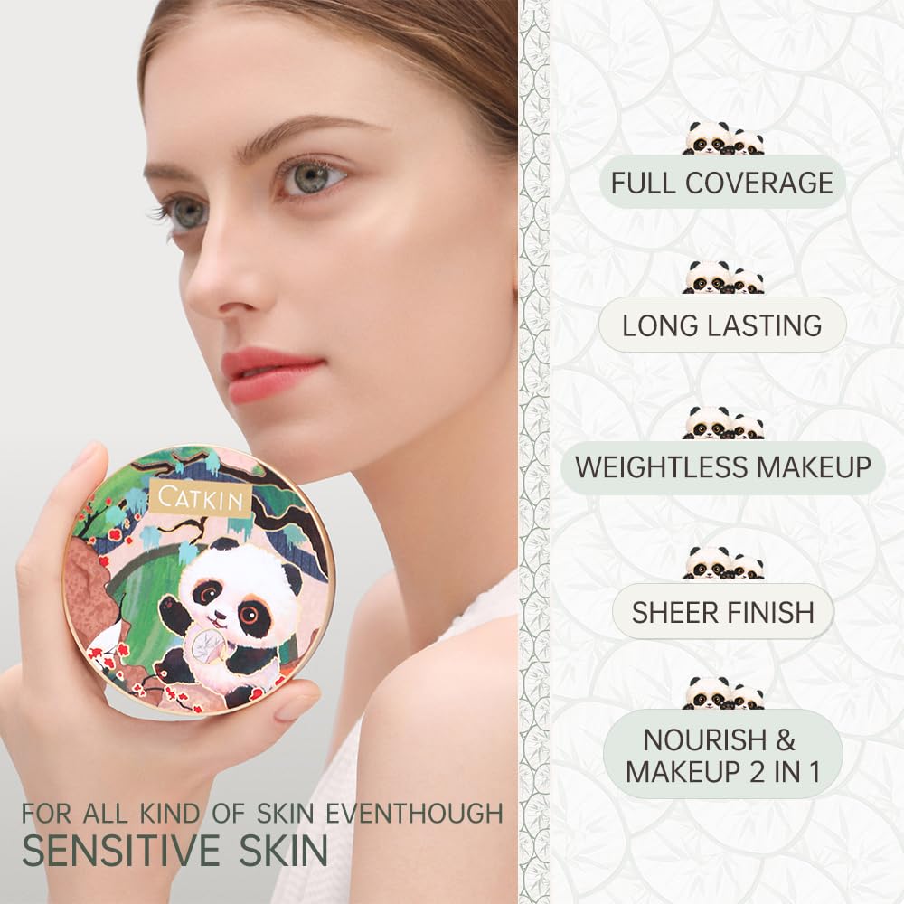CATKIN Panda Land Full Coverage Cushion Fondation, Breathable Hydrating Nourishing Poreless Face Makeup Save for Sensitive Skin,Sheer Finish (C01 Fair)