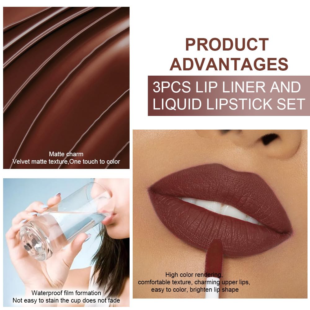 evpct 3Pcs Chocolate Nude Brown True Nude Matte Lip Liner & Liquid Lipstick Stain Makeup Set for Women, Lip Liner Stain Long Lasting Waterproof Smudge Proof, Cruelty Free Lip Makeup 24 hours originale