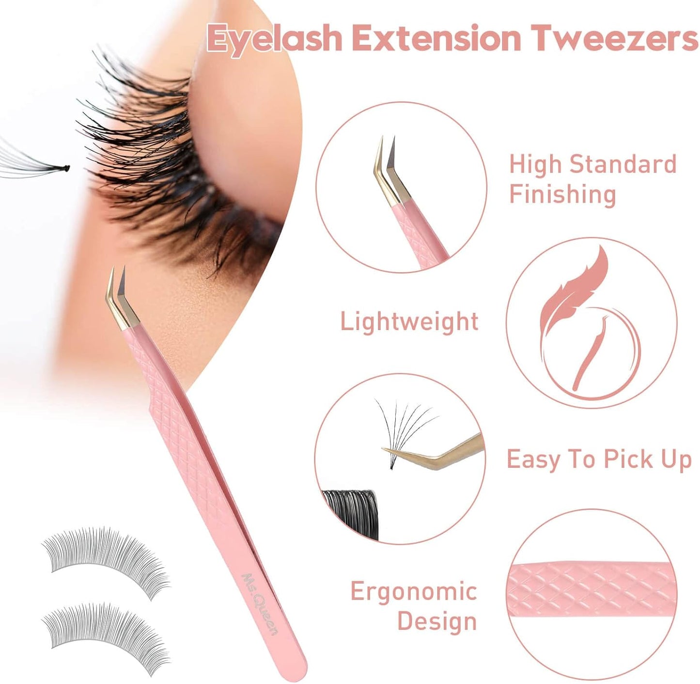 Ms.Queen Tweezers for Lash Extensions,Diamond Grip 3Pcs Fiber Tip 45 90 Degree Volume Eyelash Tweezers Set