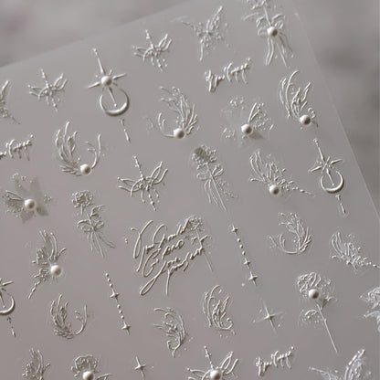 5D Embossed White Butterfly Flower Nail Stickers for Nail Art White Moon Star Nail Art Stickers White Nail Decals with Pearl Design Spring Summer Nail Supplies for Women Girls