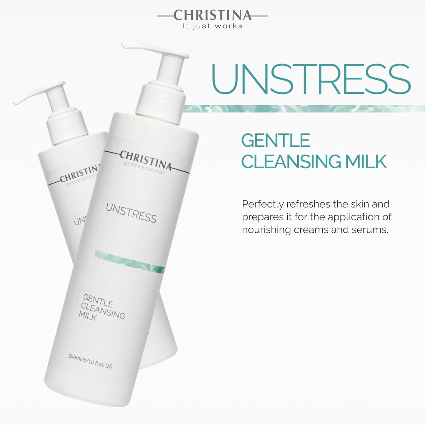 Christina - Unstress Gentle Cleansing Milk with Vitamin E | Smothing Refreshing milk Cleanser for Face | Soap-free Cleansing Milk for Face | Suitable for All Skin Types (10 fl oz.)