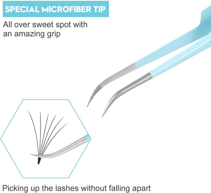 Ms.Queen Lash Tweezers for Eyelash Extensions,Professional 5Pcs Fiber Tip Curved Isolation 45 90 Degree Boot Volume Lash Tweezers for Extensions, Blue