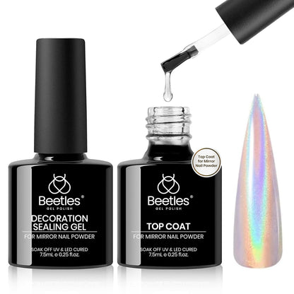 Beetles Chrome Top Coat Gel Nail Polish and Decoration Sealing Gel, 7.5ml*2PCS Chrome Nail Powder Shine Finish and Long Lasting, Soak Off LED U v Lamp Nail Art Design Diy at Home