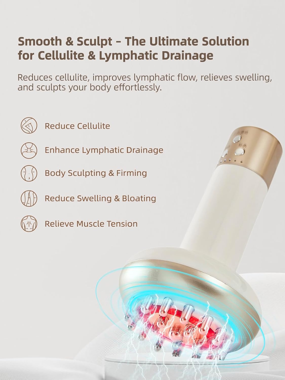 Lymphatic Drainage Massager & Anti Cellulite Massage Tool, Reduce Stretch Marks & Cellulite, for Legs, Arms & Belly, Body Sculpting Machine with Microcurrent, Light, Heat & Vibration,White