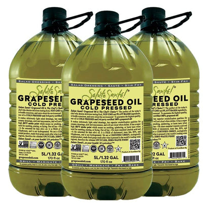 Cold Pressed Grapeseed Oil by Salute Sante! High Temperature Cooking, Healthy Grape Seed Oil, Non-GMO and Kosher for Salad Dressings, Marinades and Dips, Vegan, 5 Liter, 3 Pack