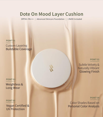 Heart Percent Dote on Mood Layer Cushion SPF 50+/PA+++ with Refill, Satin Glow Silky Flawless Finish Full Coverage Advanced Skincare Foundation (#21Y)