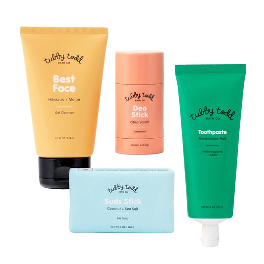 Tubby Todd Kids Sensitive Skincare Routine - The Kickstart Bundle - Gentle Bar Soap, Face Wash, Deodorant, Kids Toothpaste with Hydroxyapetite - Standard Size Scented