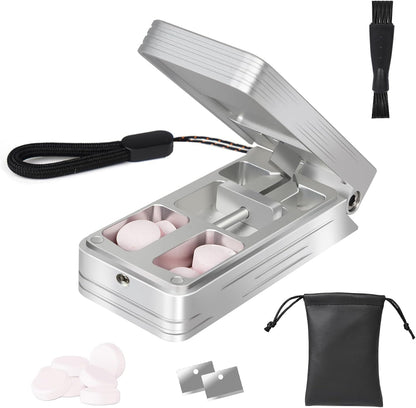 Pill Cutter for Small and Tiny Pills, Professional Aluminum Pill Splitter with Auto Centering Device and 2 Replaceable Stainless Steel Blades, Portable Pill Splitter with PU Case (Silver)