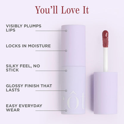 Côte Beauty's Mulberry Peptide Lip Shine, Ultra Hydrating & Long-Lasting Mauve Plumping Lip Gloss for Women with Hyaluronic Acid, Shea Butter & Jojoba Oil, Vegan & Cruelty-Free, 0.12 Fl Oz