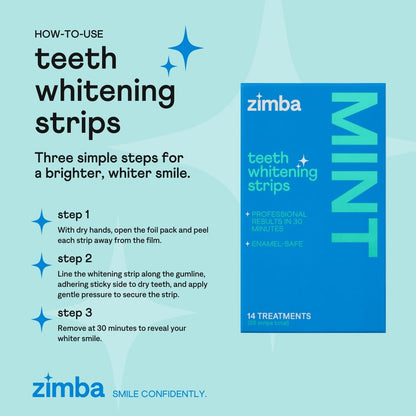 Zimba Teeth Whitening Strips 3-Pack Bundle (Mint, Spearmint, Strawberry) | Vegan Whitening Strip Enamel Safe Teeth Whitening Hydrogen Peroxide Teeth Whitener for Coffee, Wine, Tobacco & Other Stains
