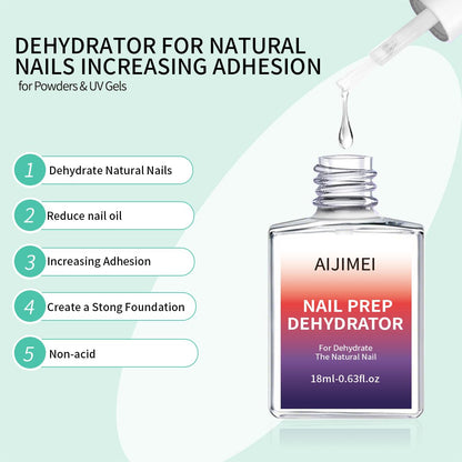 AIJIMEI Professional Natural Nail Prep Dehydration and Acid Free Primer For Acrylic False Nail Tips Bond Base Gel Nail Polish and Quick Drying Adhesive Dehydrator Set（18ml/0.63fl.oz