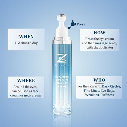 Under Eye Cream with 5% Caffeine, Dark Circles Under Eye Treatment with Retinol, Anti Aging Eye Serum with 360° Massage Roller for Eye Bags, Wrinkles and Puffiness, 0.5 fl. oz