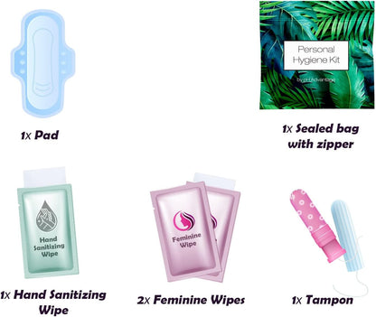 30 x Menstrual All-in-One Kits - Assorted Colors | Convenience on The Go | Single Period Kit Packs | Individually Wrapped Feminine Hygiene Products (Black Treads/Blue Forest/Green Ferns)