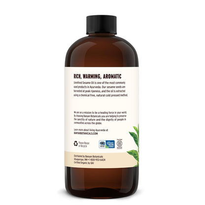 Banyan Botanicals Sesame Oil – Organic & Unrefined Ayurvedic Oil for Skin, Hair, Oil Pulling & More – Multiple Sizes – 16oz. – Non GMO Sustainably Sourced Vegan