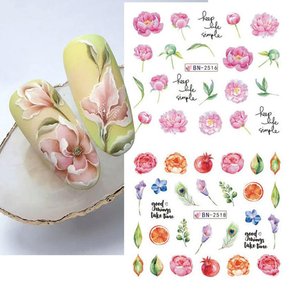 12 Sheets Flower Nail Water Transfer Decals, Nail Art Stickers for Women, Holographic Colorful Flower Leaf Patterns Nail Designs Supplies, Acrylic Nails Decorations DIY Resin Nail Decal Tattoos Set