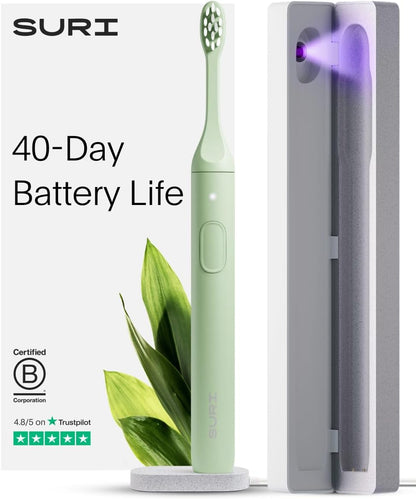 SURI 1.0 Sonic Electric Toothbrush with UV Cleaning Travel Case | 40+Day Battery | Designed in California | Electric Toothbrush for Adults | Travel Toothbrushes | Tooth Brush | Green