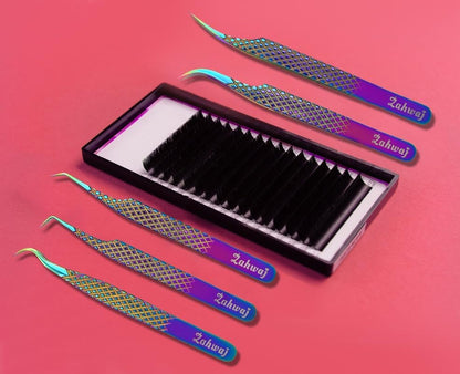 Lash Tweezers - Set of 5 Diamond Grip Eyelash Tweezers - Stainless Steel Professional Fiber Tip Lash Tweezer for Eyelash Extensions (Rainbow)