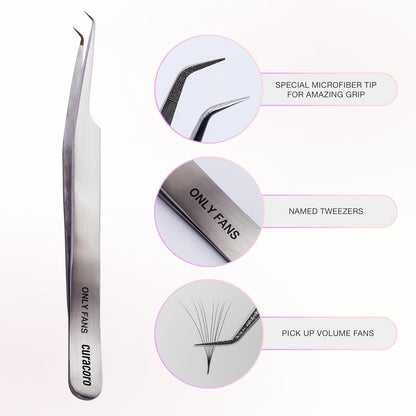 Curacoro Lash Tweezer - Professional & Precision Fiber Tip Grip Lash Tweezers for Eyelash Extensions, Multi Shapes & Purposes Tweezers for Volume, Isolation & Classic Lashes (Silver, Only Fan)