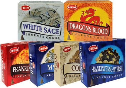 Hem Incense Cones Variety Pack #4 and Inscents-Cones Burner Holder with 6 Most Popular Fragrances - Dragons Blood, Frankincense, Myrrh - Total 60 Scented Cone Incense (6 Scents x 10 Conos)