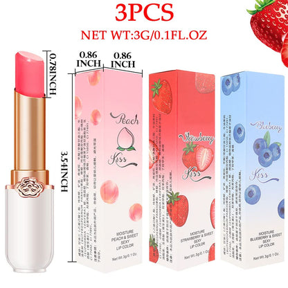 evpct 3Pcs Magic Color Changing Lipstick Long Lasting Waterproof 24 Hours Original for Women, Peach Strawberry Blueberry Pink PH Mood Permanent Color Changing Lipstick Lip Balm Gloss, labial magico