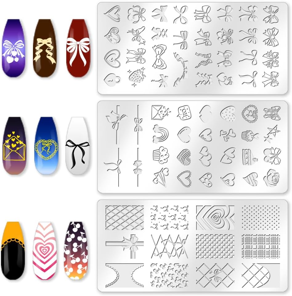 3Pcs Bow Nail Stamping Plate Set Girly Elements Romantic Heart Shape Stainless Steel Nail Stamp Templates Clear Silicone Nails Stamping with Stamper Scraper for Manicure Printing